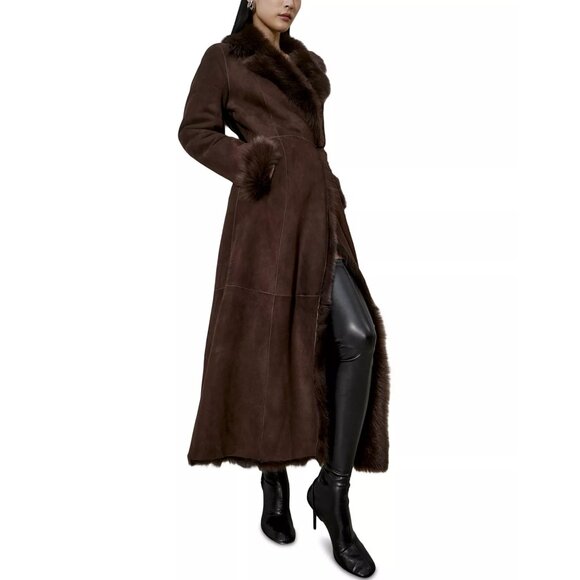 Banana Republic Genuine Toscana Shearling Coat Long Maxi Coat Dark Brown Size S - Picture 1 of 10